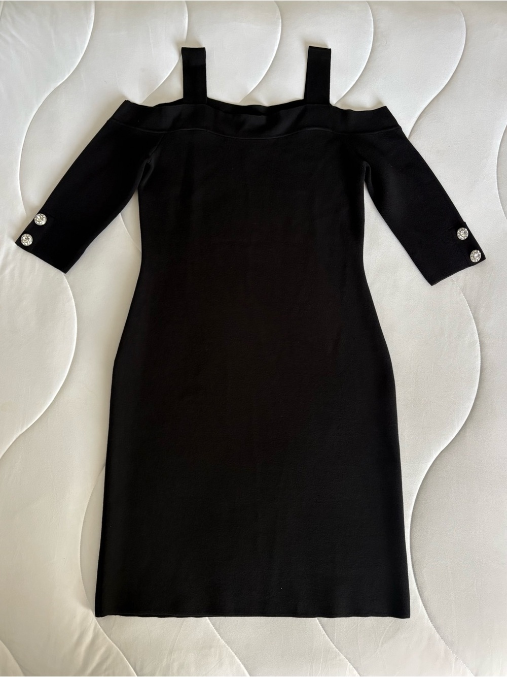 St. John Black Off-Shoulder Midi Dress with Jewel Buttons